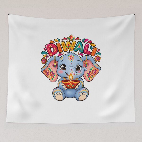 Item preview, Happy Diwali Cute Blue Elephant with Diya designed and sold by BigfeetLittlepaws.