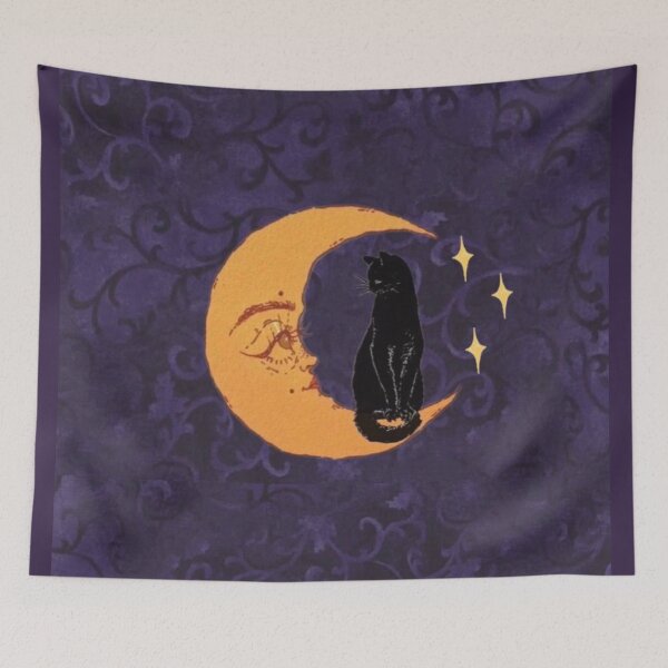Item preview, 90s purple whimsigoth aesthetic black cat on moon designed and sold by BrontesWhimsyStore.
