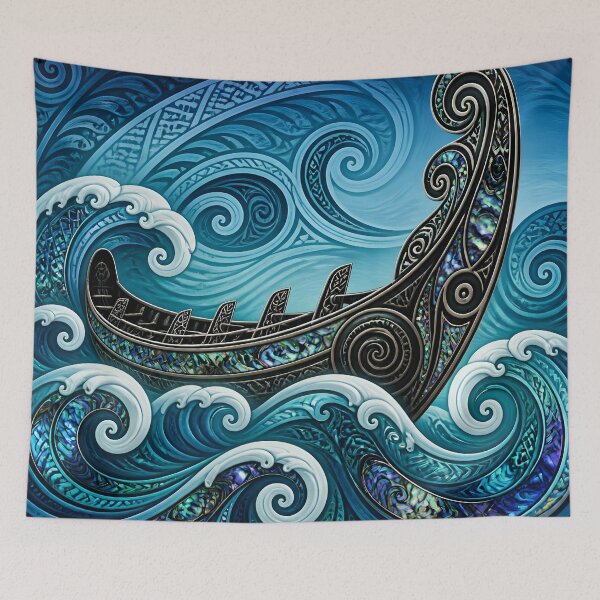 Item preview, Maori Waka Canoe Ocean Waves Turquoise Paua Shell Print designed and sold by GrinGalore.