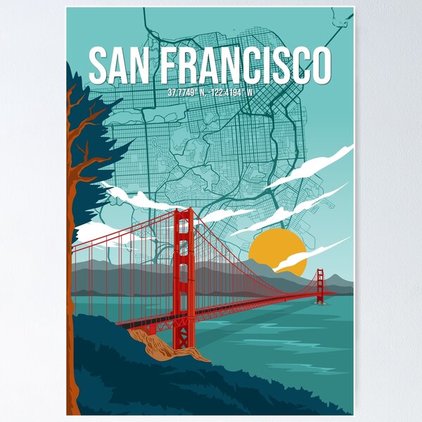 Item preview, San Francisco Golden Gate Bridge and City Map Travel Art designed and sold by Stadify.