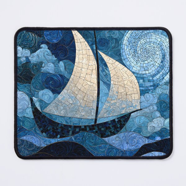 Item preview, Mosaic Sailboat Ocean Waves Swirling Night Sky Art Print designed and sold by GrinGalore.