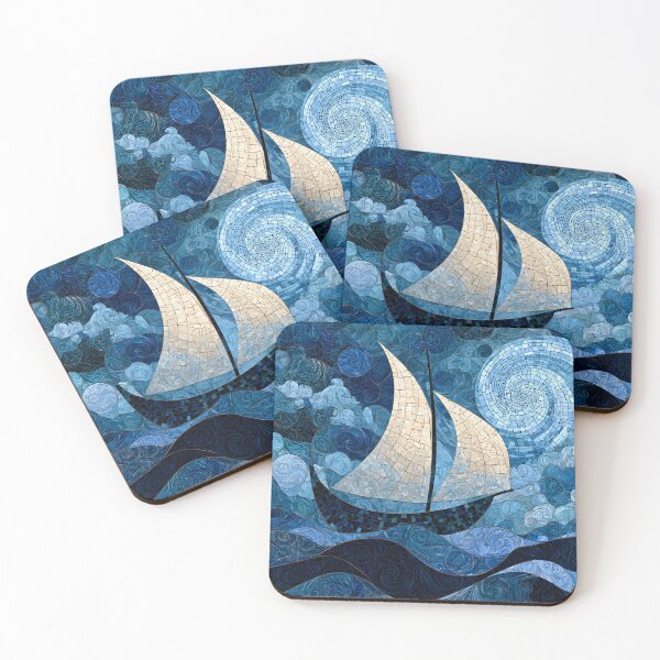 Item preview, Mosaic Sailboat Ocean Waves Swirling Night Sky Art Print designed and sold by GrinGalore.
