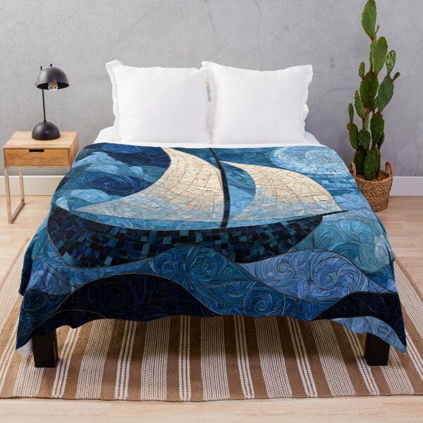 Item preview, Mosaic Sailboat Ocean Waves Swirling Night Sky Art Print designed and sold by GrinGalore.