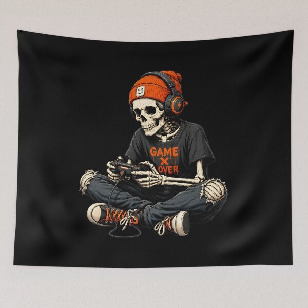 Item preview, Skeleton Gamer Game Over Skull Orange Beanie Art designed and sold by OlyvieArt.
