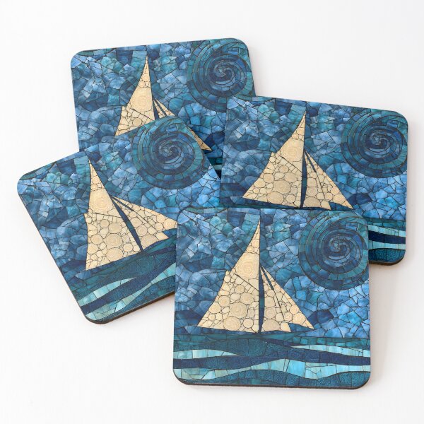Item preview, Stained Glass Mosaic Sailboat Swirling Night Sky Art Print designed and sold by GrinGalore.