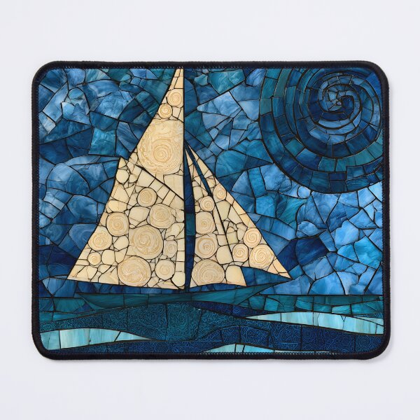 Item preview, Stained Glass Mosaic Sailboat Swirling Night Sky Art Print designed and sold by GrinGalore.