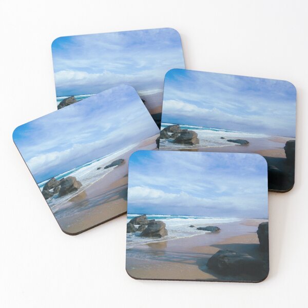 Item preview, Rocks on a sandy beach with a stormy sky beach landscape - rough seas - coastal photography designed and sold by WolfRaven Photography .