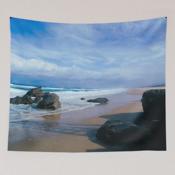 Item preview, Rocks on a sandy beach with a stormy sky beach landscape - rough seas - coastal photography designed and sold by WolfRaven Photography .