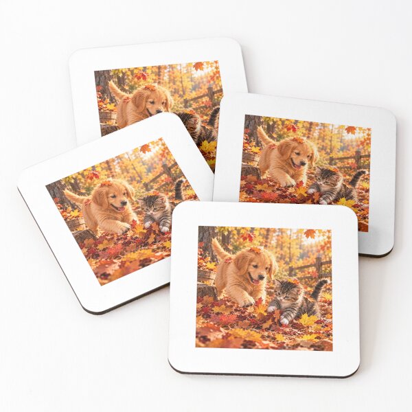 Item preview, Playful Puppy & Kitten in Autumn Leaves designed and sold by NestDesigns01.
