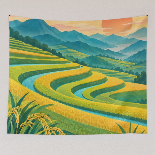 Item preview, Bright Geometric Terraced Fields at Sunrise designed and sold by Jaani-T.