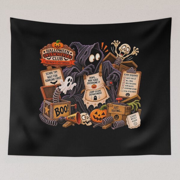 Item preview, ⚡HALLOWEEN OVERACHIEVERS CLUB -  Boogeyman’s Jump-Scare Department - dark version designed and sold by WheelieGdArt.