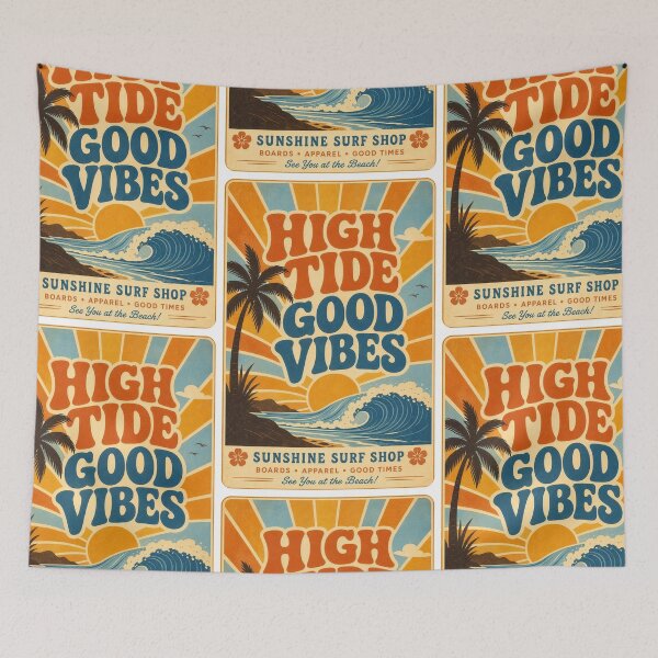 Item preview, High Tide Good Vibes Retro 70s Surf Poster Art Print Tee Sticker Beach Summer Gift designed and sold by sharifex.