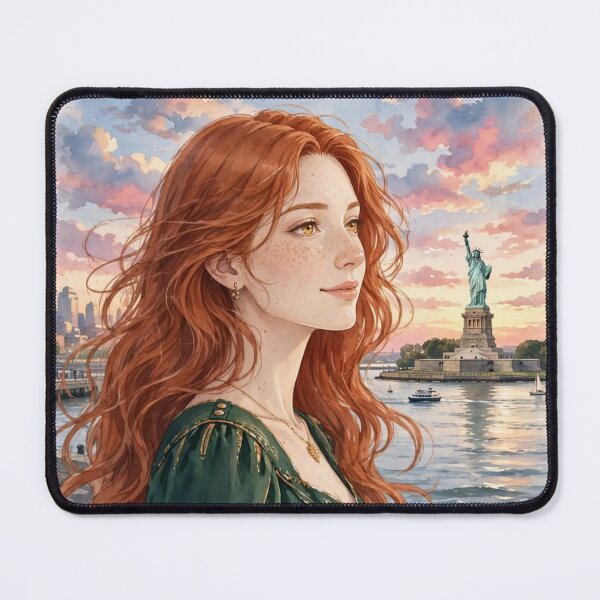 Item preview, United States New York Statue of Liberty with a Beautiful Redhead Traveler in an Elegant Emerald Dress, Harbor Sunset and Iconic City Landscape designed and sold by DibujandoPorfa.