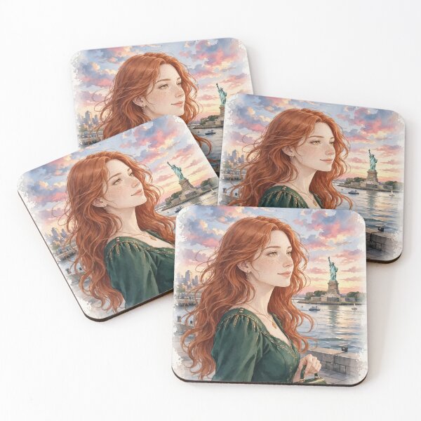 Item preview, United States New York Statue of Liberty with a Beautiful Redhead Traveler in an Elegant Emerald Dress, Harbor Sunset and Iconic City Landscape designed and sold by DibujandoPorfa.