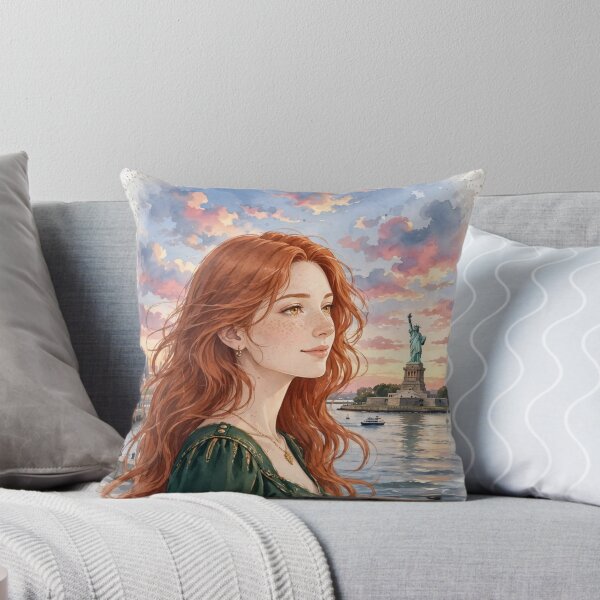 Item preview, United States New York Statue of Liberty with a Beautiful Redhead Traveler in an Elegant Emerald Dress, Harbor Sunset and Iconic City Landscape designed and sold by DibujandoPorfa.