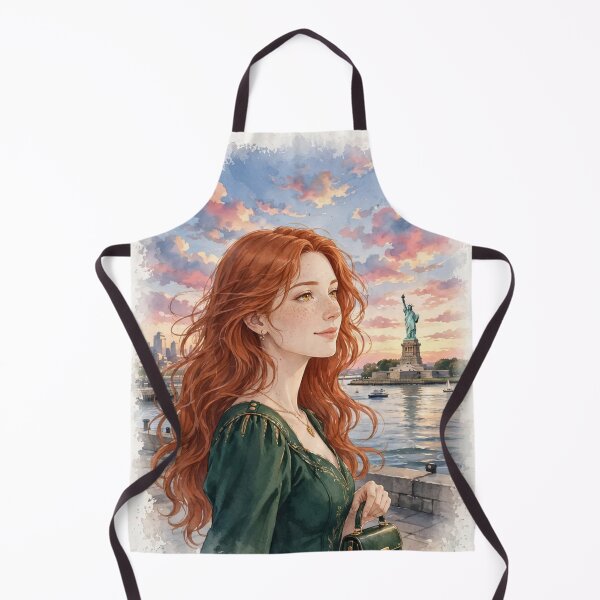 Item preview, United States New York Statue of Liberty with a Beautiful Redhead Traveler in an Elegant Emerald Dress, Harbor Sunset and Iconic City Landscape designed and sold by DibujandoPorfa.