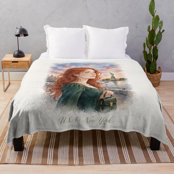 Item preview, United States New York Statue of Liberty with a Beautiful Redhead Traveler in an Elegant Emerald Dress, Harbor Sunset and Iconic City Landscape designed and sold by DibujandoPorfa.