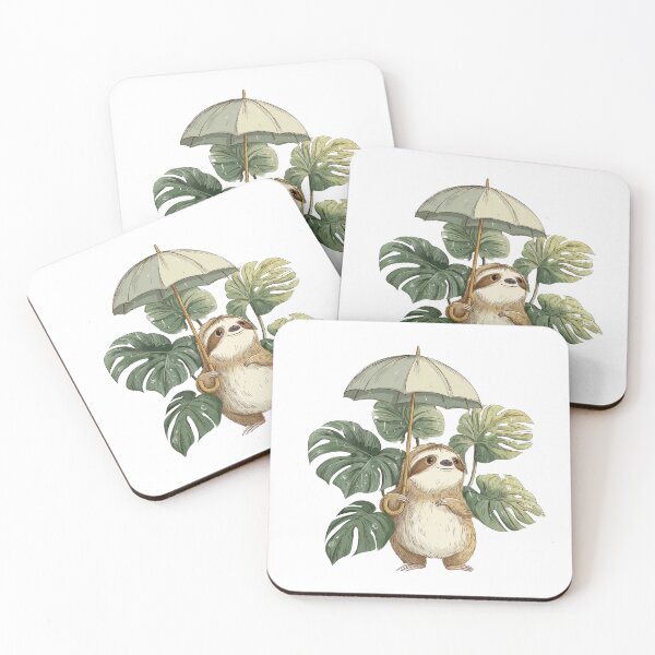 Item preview, Cute Sloth with Umbrella and Tropical Monstera Leaves designed and sold by ArtFairy38.