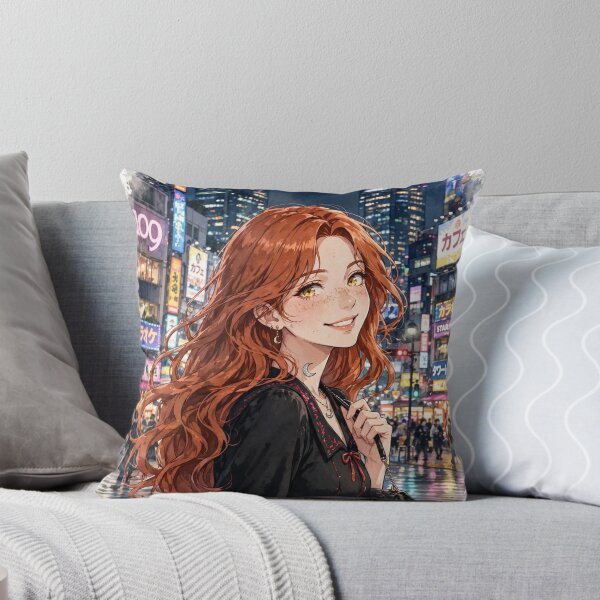 Item preview, Japan Tokyo at Night with a Stylish Redhead Traveler in an Elegant Black Dress, Neon City Lights and Vibrant Japanese Urban Landscape designed and sold by DibujandoPorfa.