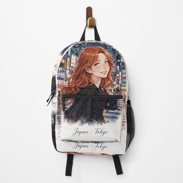 Item preview, Japan Tokyo at Night with a Stylish Redhead Traveler in an Elegant Black Dress, Neon City Lights and Vibrant Japanese Urban Landscape designed and sold by DibujandoPorfa.