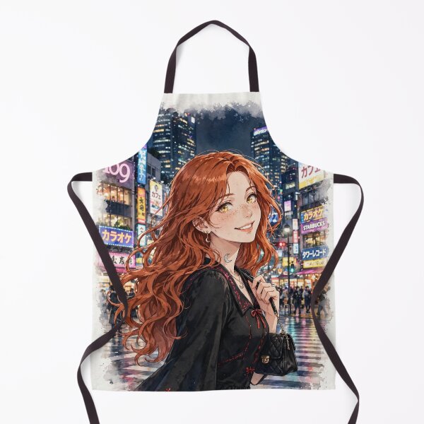 Item preview, Japan Tokyo at Night with a Stylish Redhead Traveler in an Elegant Black Dress, Neon City Lights and Vibrant Japanese Urban Landscape designed and sold by DibujandoPorfa.