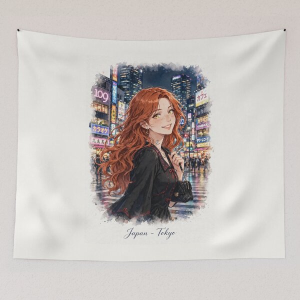 Item preview, Japan Tokyo at Night with a Stylish Redhead Traveler in an Elegant Black Dress, Neon City Lights and Vibrant Japanese Urban Landscape designed and sold by DibujandoPorfa.