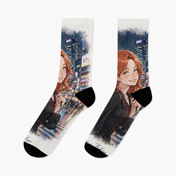 Item preview, Japan Tokyo at Night with a Stylish Redhead Traveler in an Elegant Black Dress, Neon City Lights and Vibrant Japanese Urban Landscape designed and sold by DibujandoPorfa.