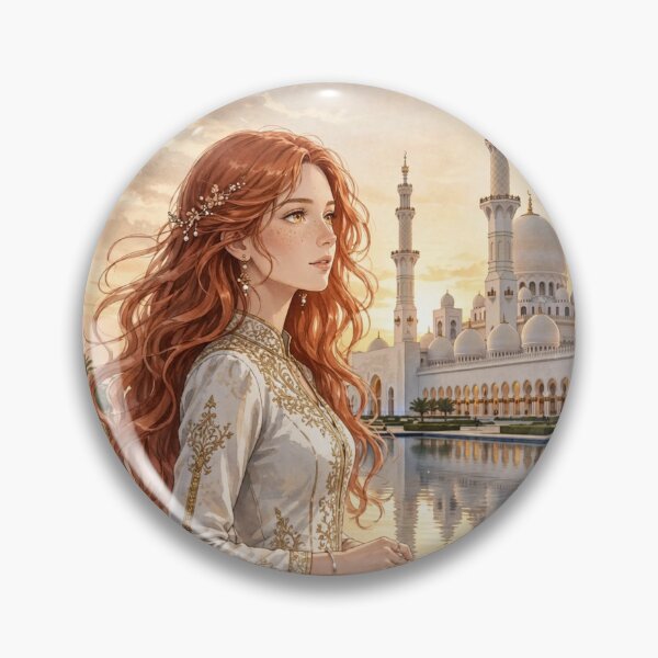 Item preview, United Arab Emirates Abu Dhabi Sheikh Zayed Grand Mosque with an Elegant Redhead Traveler in White and Gold Dress, Sunset Reflections and Grand Architecture designed and sold by DibujandoPorfa.