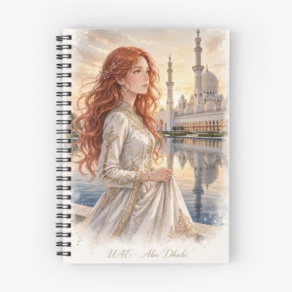 Item preview, United Arab Emirates Abu Dhabi Sheikh Zayed Grand Mosque with an Elegant Redhead Traveler in White and Gold Dress, Sunset Reflections and Grand Architecture designed and sold by DibujandoPorfa.