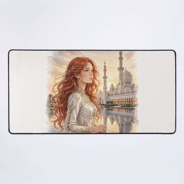Item preview, United Arab Emirates Abu Dhabi Sheikh Zayed Grand Mosque with an Elegant Redhead Traveler in White and Gold Dress, Sunset Reflections and Grand Architecture designed and sold by DibujandoPorfa.
