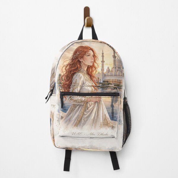 Item preview, United Arab Emirates Abu Dhabi Sheikh Zayed Grand Mosque with an Elegant Redhead Traveler in White and Gold Dress, Sunset Reflections and Grand Architecture designed and sold by DibujandoPorfa.