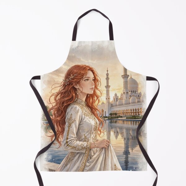 Item preview, United Arab Emirates Abu Dhabi Sheikh Zayed Grand Mosque with an Elegant Redhead Traveler in White and Gold Dress, Sunset Reflections and Grand Architecture designed and sold by DibujandoPorfa.