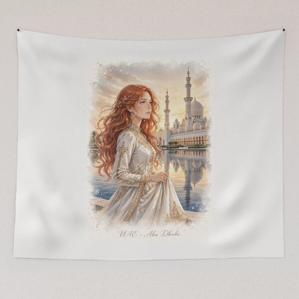 Item preview, United Arab Emirates Abu Dhabi Sheikh Zayed Grand Mosque with an Elegant Redhead Traveler in White and Gold Dress, Sunset Reflections and Grand Architecture designed and sold by DibujandoPorfa.