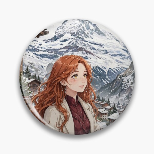 Item preview, Switzerland Zermatt Matterhorn with an Enchanting Redhead Traveler in Elegant Burgundy Winter Fashion, Snowy Alps and Alpine Village Landscape designed and sold by DibujandoPorfa.