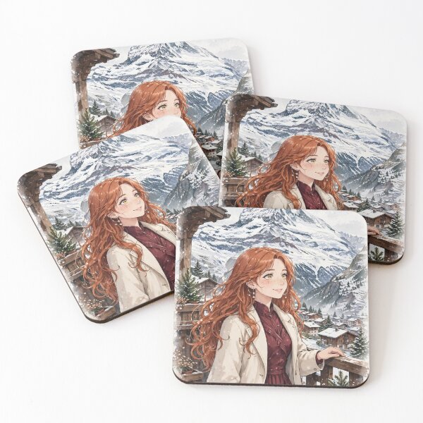 Item preview, Switzerland Zermatt Matterhorn with an Enchanting Redhead Traveler in Elegant Burgundy Winter Fashion, Snowy Alps and Alpine Village Landscape designed and sold by DibujandoPorfa.