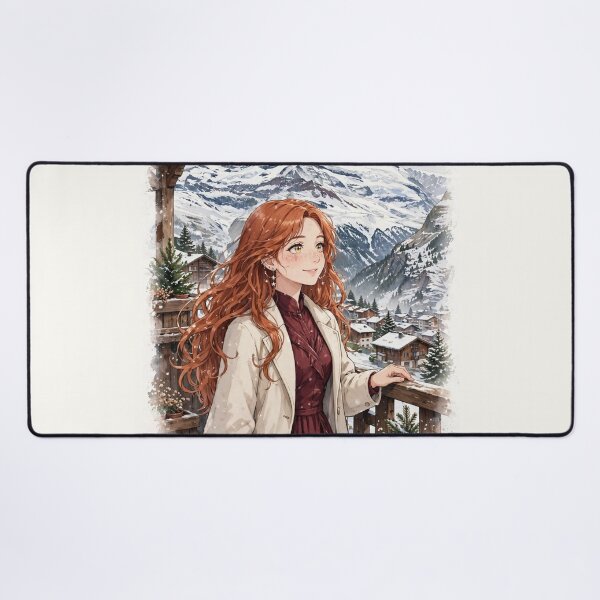 Item preview, Switzerland Zermatt Matterhorn with an Enchanting Redhead Traveler in Elegant Burgundy Winter Fashion, Snowy Alps and Alpine Village Landscape designed and sold by DibujandoPorfa.