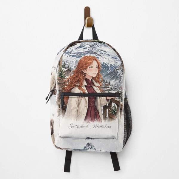 Item preview, Switzerland Zermatt Matterhorn with an Enchanting Redhead Traveler in Elegant Burgundy Winter Fashion, Snowy Alps and Alpine Village Landscape designed and sold by DibujandoPorfa.