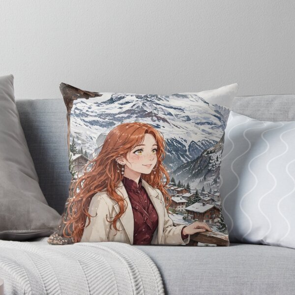 Item preview, Switzerland Zermatt Matterhorn with an Enchanting Redhead Traveler in Elegant Burgundy Winter Fashion, Snowy Alps and Alpine Village Landscape designed and sold by DibujandoPorfa.