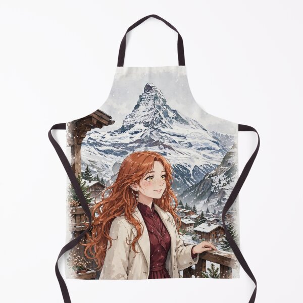 Item preview, Switzerland Zermatt Matterhorn with an Enchanting Redhead Traveler in Elegant Burgundy Winter Fashion, Snowy Alps and Alpine Village Landscape designed and sold by DibujandoPorfa.
