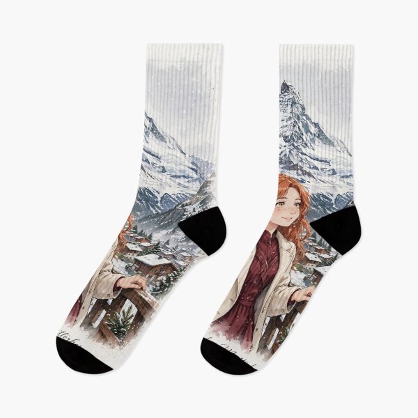 Item preview, Switzerland Zermatt Matterhorn with an Enchanting Redhead Traveler in Elegant Burgundy Winter Fashion, Snowy Alps and Alpine Village Landscape designed and sold by DibujandoPorfa.