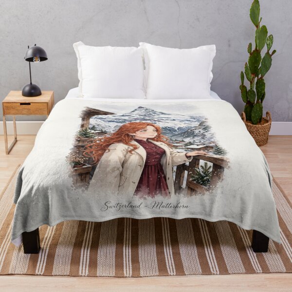 Item preview, Switzerland Zermatt Matterhorn with an Enchanting Redhead Traveler in Elegant Burgundy Winter Fashion, Snowy Alps and Alpine Village Landscape designed and sold by DibujandoPorfa.