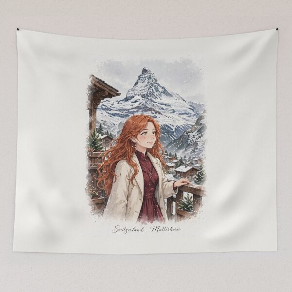 Item preview, Switzerland Zermatt Matterhorn with an Enchanting Redhead Traveler in Elegant Burgundy Winter Fashion, Snowy Alps and Alpine Village Landscape designed and sold by DibujandoPorfa.