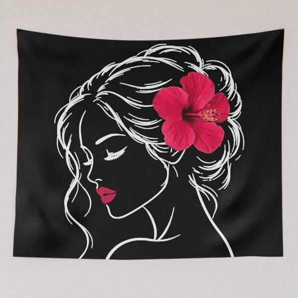 Item preview, Dreamy Girl Face Closed Eyes Eyelashes Exotic Hibiscus White Black Shapes Mania designed and sold by Shapes-Mania.