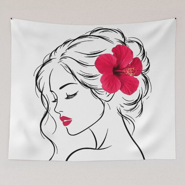 Item preview, Dreamy Girl Face Closed Eyes Eyelashes  Exotic Hibiscus White Black 2 Shapes Mania designed and sold by Shapes-Mania.