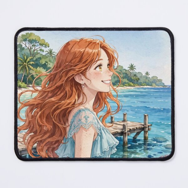 Item preview, Australia Great Barrier Reef with a Radiant Redhead Traveler in a Flowing Aqua Blue Dress, Turquoise Ocean and Tropical Paradise Landscape designed and sold by DibujandoPorfa.