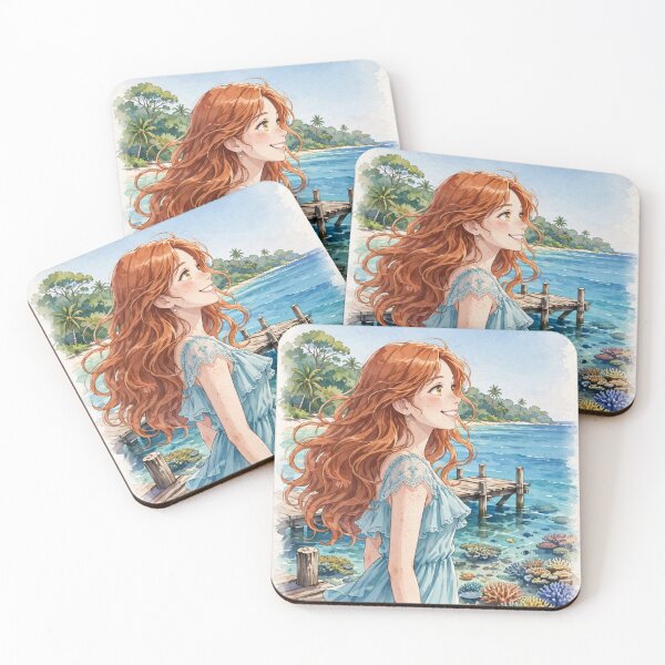 Item preview, Australia Great Barrier Reef with a Radiant Redhead Traveler in a Flowing Aqua Blue Dress, Turquoise Ocean and Tropical Paradise Landscape designed and sold by DibujandoPorfa.