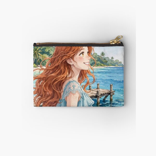 Item preview, Australia Great Barrier Reef with a Radiant Redhead Traveler in a Flowing Aqua Blue Dress, Turquoise Ocean and Tropical Paradise Landscape designed and sold by DibujandoPorfa.