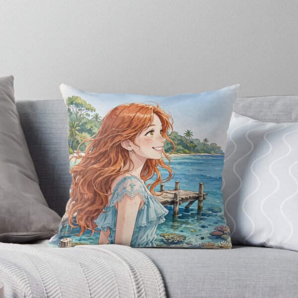 Item preview, Australia Great Barrier Reef with a Radiant Redhead Traveler in a Flowing Aqua Blue Dress, Turquoise Ocean and Tropical Paradise Landscape designed and sold by DibujandoPorfa.