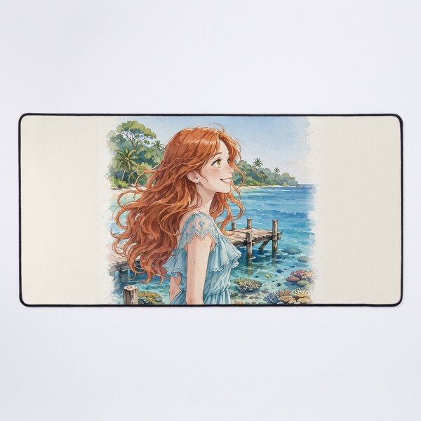 Item preview, Australia Great Barrier Reef with a Radiant Redhead Traveler in a Flowing Aqua Blue Dress, Turquoise Ocean and Tropical Paradise Landscape designed and sold by DibujandoPorfa.