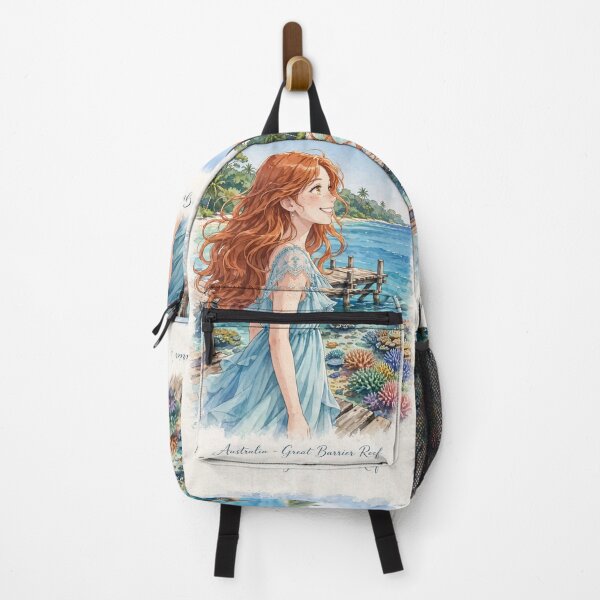 Item preview, Australia Great Barrier Reef with a Radiant Redhead Traveler in a Flowing Aqua Blue Dress, Turquoise Ocean and Tropical Paradise Landscape designed and sold by DibujandoPorfa.